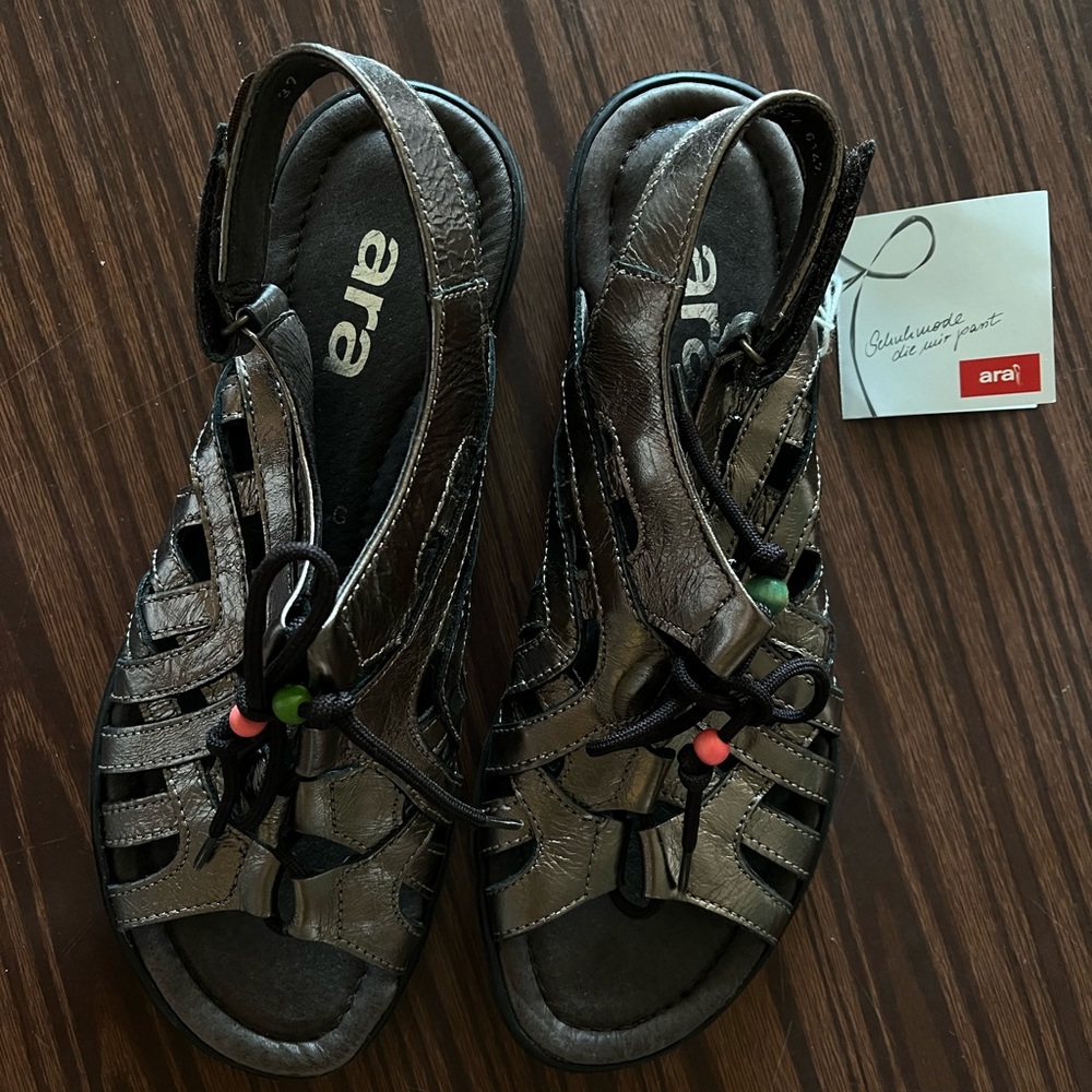 Ara Metallic Black Sandals with Bead Details